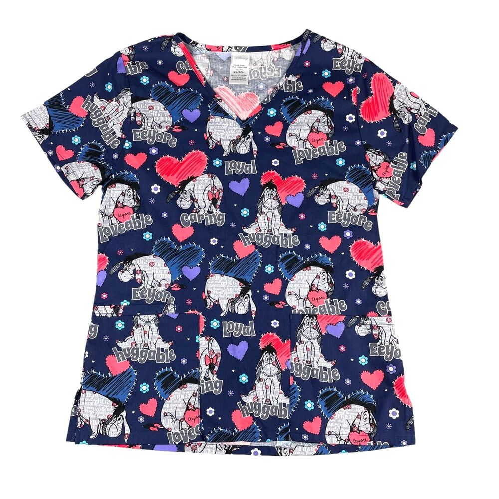 DISNEY Eeyore Scrub Top Women's Extra Small Blue Pink Short Sleeve V-Neck Hearts